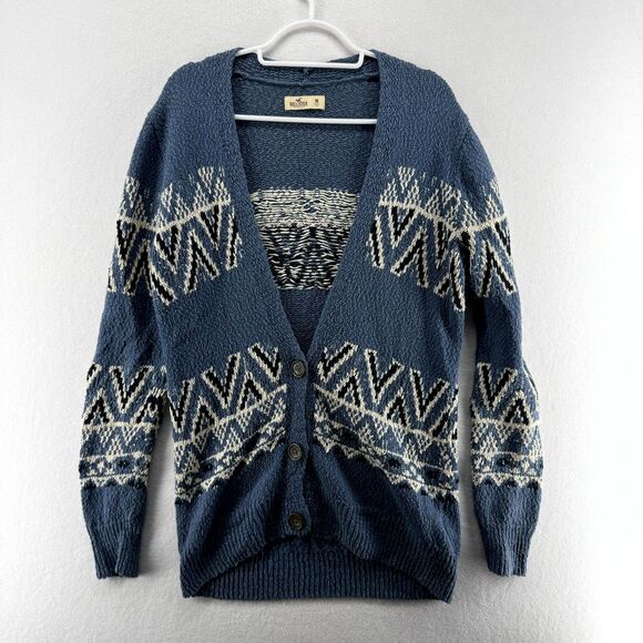 Sweaters - Hollister‎ Oversized Knit Button Cardigan Blue, Navy and White Womens Size M